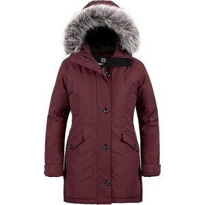 Women's Fashion Faux Wine Red Puffer Jacket Hood Coat Winter Warm Duty Zipper